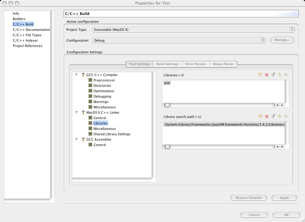 Figure 3: Library project Settings for CDT on Mac OS X systems