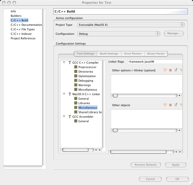 Figure 4: Miscellaneous project Settings for CDT on Mac OS X systems